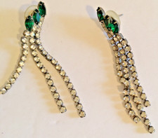 VINTAGE  Rhinestone and Emerald Green Crystal  pierced earrings 3" long