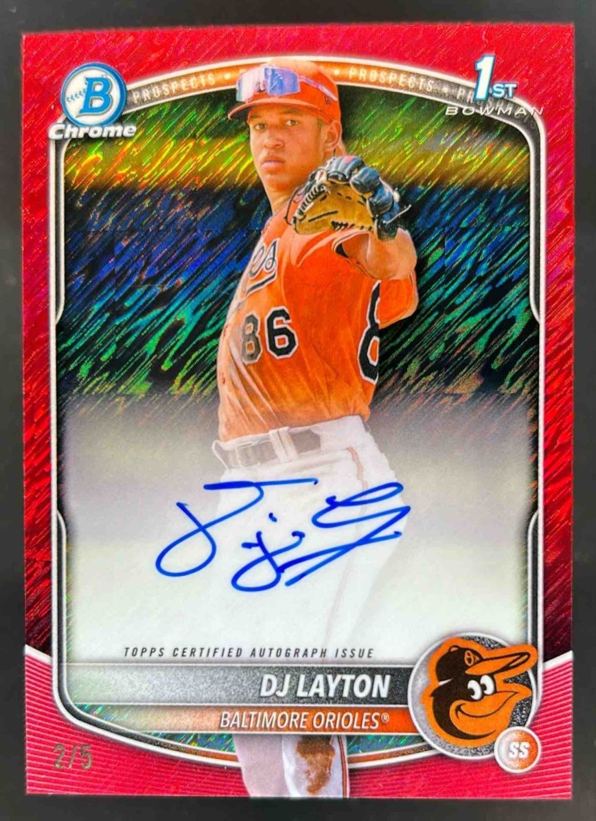 2025 Bowman Chrome DJ Layton Auto Red Shimmer Refractor 1st Prospect #/5 Orioles