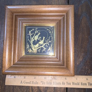 Damascene Golden Birds Flowers Picture Wood Painted Frame 24k Gold Toledo Spain