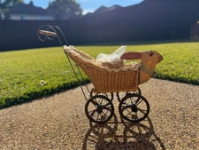 Antique Vintage Doll Stroller Pram Rabbitt Bunny Head Wicker Basket Iron Base