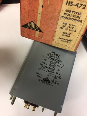 HS-472 400 CYCLE ISOLATION TRANSFORMER PRI 115V TO 115V SEC@1.39A HERMETIC NOS