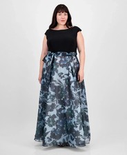 SL Fashions Plus Size Tie-Front Printed Organza Ballgown - Black Multi - 18W