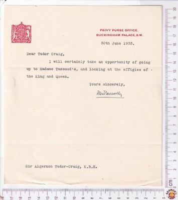 1933 Privy Purse Office Brief signiert Ponsonby an Tudor-Craig - Tussaud Bildnisse