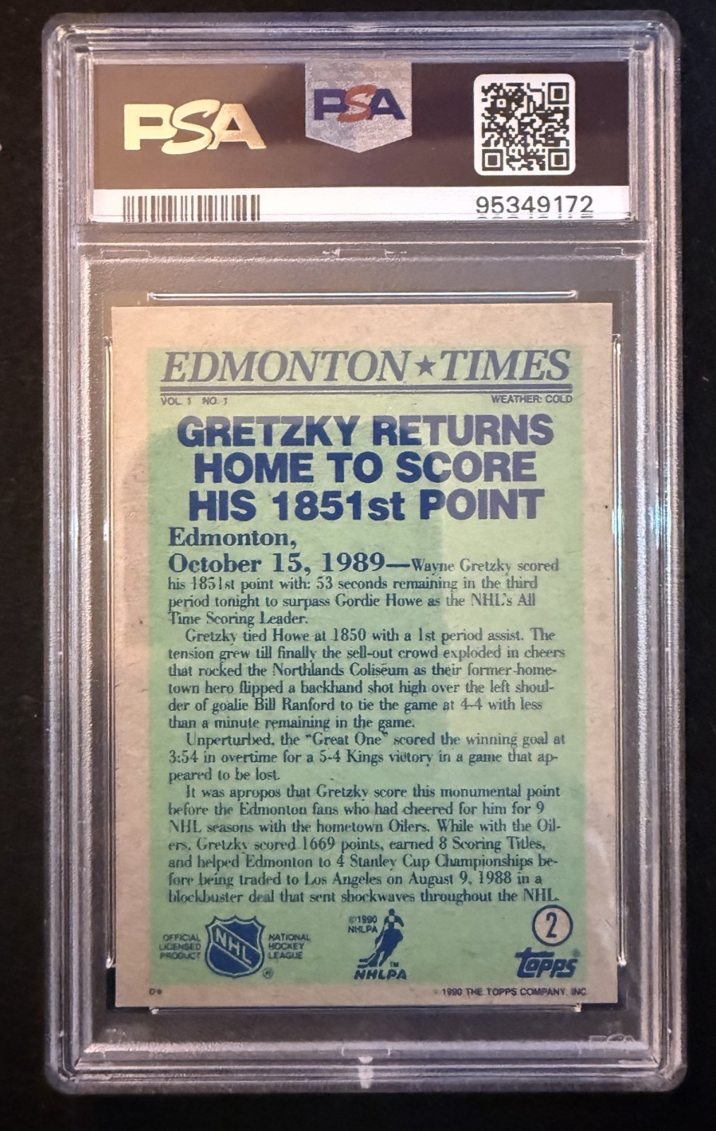1990 Topps #2 Wayne Gretzky PSA 8 (Wow!) view 2