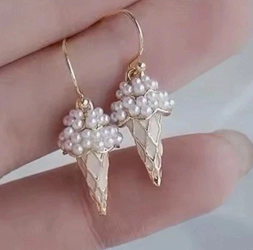 Pendientes de cono de helado de perlas de imitación de plata de ley 925 enchapados en oro de 14k nuevos sin etiquetas Foto 4 de 4
