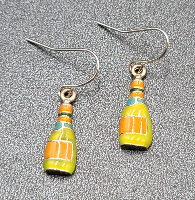 Pierced Earrings Multicolor Enamel Bottle Wine Soda Dangle 3/4''