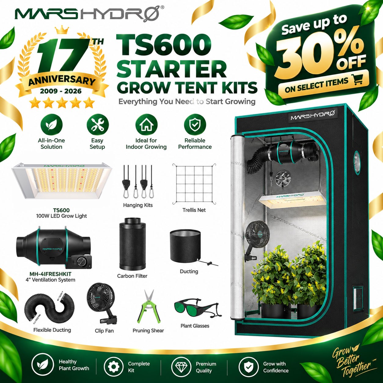 MARS HYDRO Complete Grow Tent Kit TS 600 LED grow light +60x60 Tent + Inline Fan