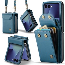For Samsung Galaxy Z Flip7/FE 6 5 Magnetic Leather Wallet Crossbody Strap Case