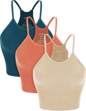 ODODOS Women's Crop 3-Pack Seamless Rib-Knit Medium-Large, 1beige coral teal