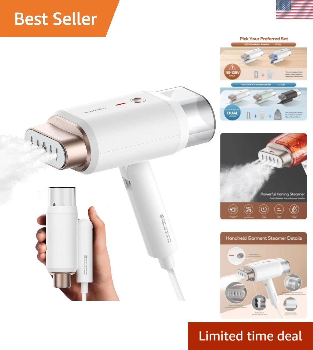 Steamer for Clothes, 1200W Travel Steamer with Horizontal & Vertical Steaming...