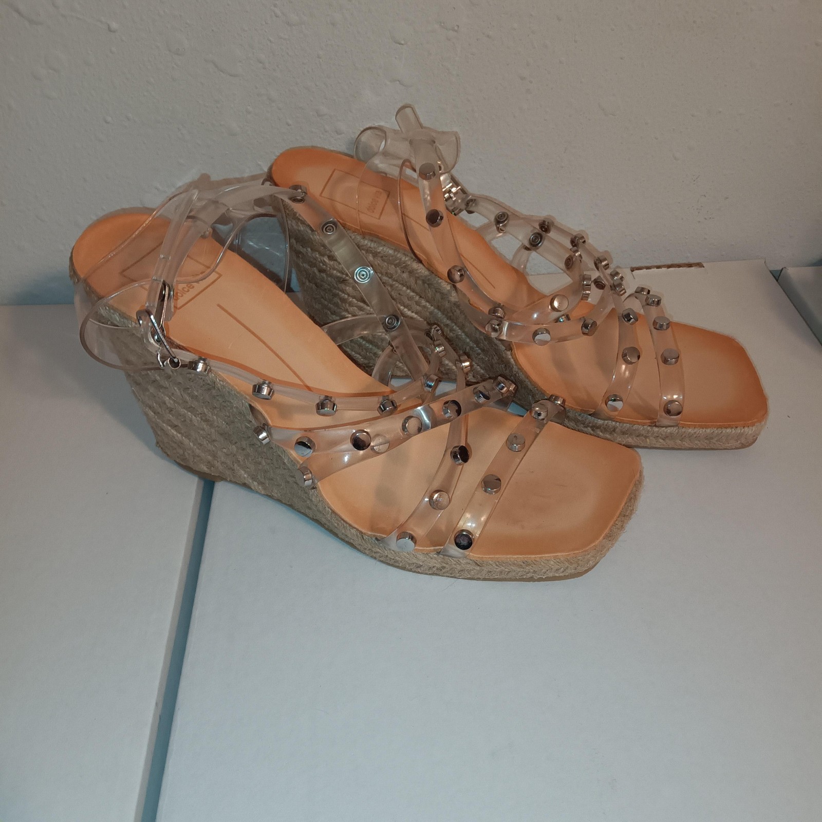 Dolce Vita Sandals Womens Clear PVC Studded Espadrille Wedge Heels Square Toe