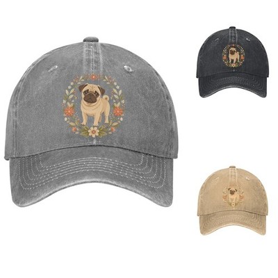 Pug Floral Wreath Baseball Cap Dog Lover Adjustable Dad Hat