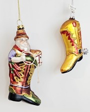 2 Western Glass Christmas Ornaments Cowboy Boot  Cowboy Boot W/Santa  Lasso
