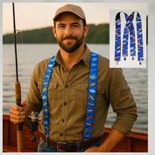 Men's Heavy Duty Suspenders Braces All Over Fish Print Blue Background USA