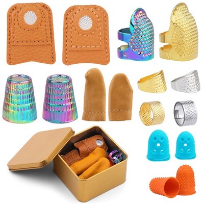 Hand Sewing Thimble Kit with Storage Box, Adjustable Metal Finger Protector