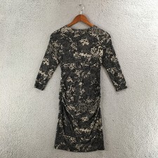Ann Taylor Petite Sheath Dress Womens Black Ivory Abstract Ruched 3/4 Sleeve OP