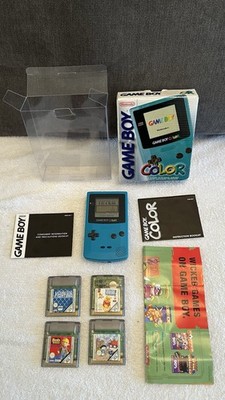 Game Boy Color Teal Konsole OVP, Handbücher, 4 Spiele & Schutzhülle! Selten