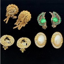 Vintage Clip On Earrings Lot Rhinestone Faux Pearl Gold Tone Dangle Retro
