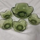 Vintage Anchor Hocking Pinched Green Glass Chip & Dip 5 Bowl Set