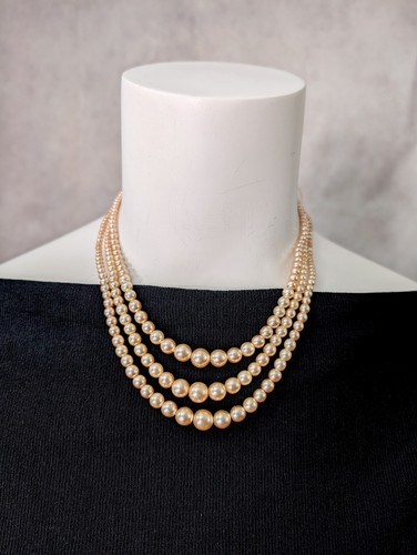 Vintage Czech Glass Cream Faux Pearl Beaded Layered Choker Necklace 17"