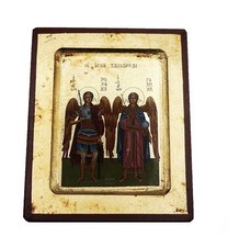 Greek Orthodox wooden icon of Saints Michael and Gabriel, Archangels 12.5x10