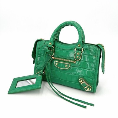 Authentic Balenciaga Mini City Green Croc-Embossed Leather