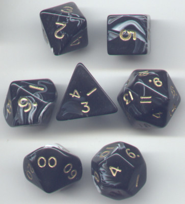 RPG Dice Set of 7 - Marble Black D4 D6 D8 D10 D12 D20 D00-90