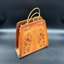 Handcrafted Vintage Leather Handbag With Floral Embossing Woven Edges Western