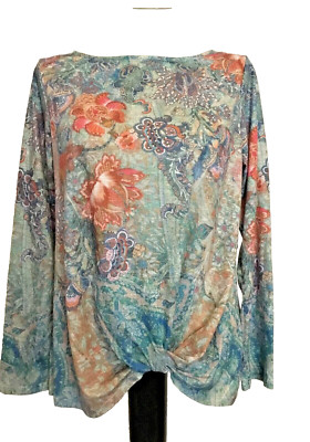 TIME AND TRU TWIST FRONT MultiColor Green Long Sleeve Embellish Knit Top Sz XL