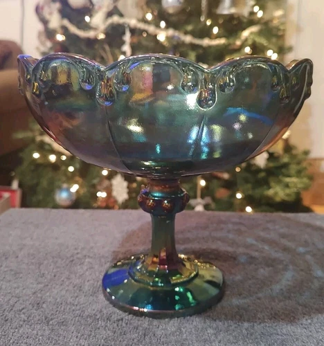 Vintage Fruit Bowl Indiana Glass Iridescent Blue Carnival Garland Pedestal Bowl