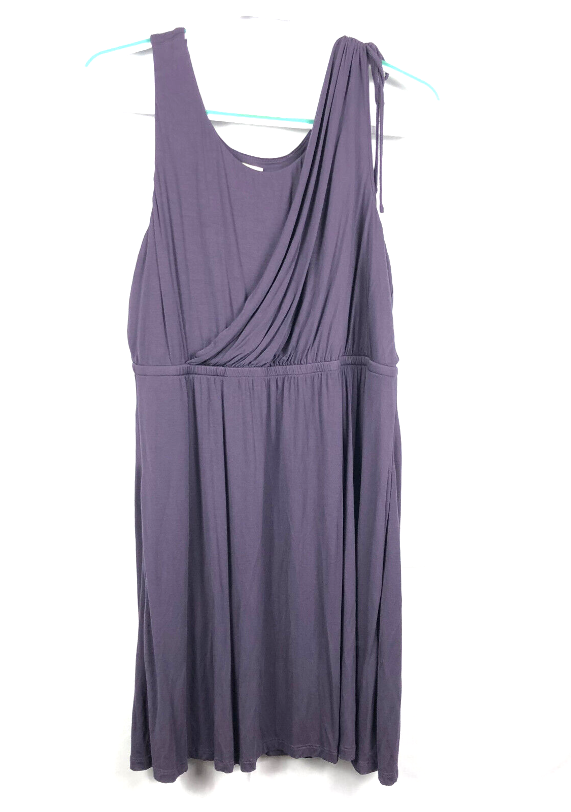 Soma Dress Large Knit Sleeveless Drape Faux Wrap Purple Knee Length Shoulder Tie