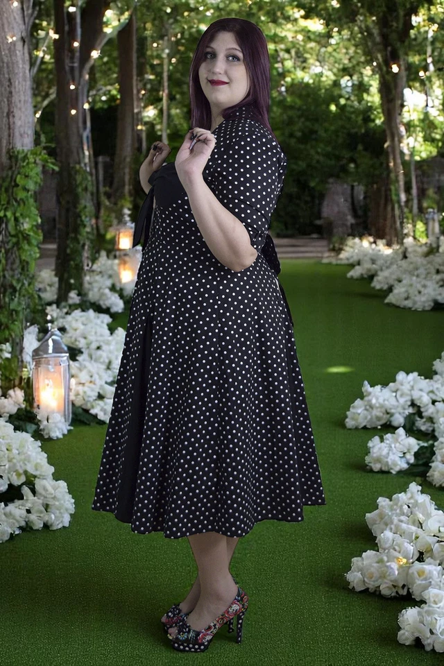 Vestido de fiesta para mujer talla grande vintage años 50 negro a lunares calce y acampanado swing Foto 4 de 4