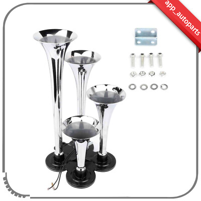 12V 150 DB 4 Trumpet Super Loud Train Truck Air Horn Chrome Metal w/o compressor