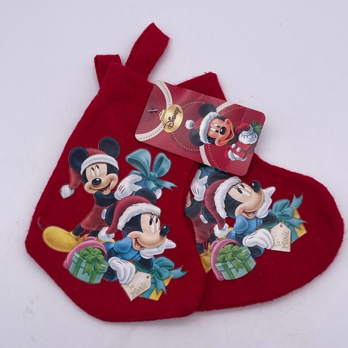 VTG 2pc Disney Mickey & Minnie Mouse Felt Holiday Christmas MINI 8" Stocking Red - Picture 2 of 8