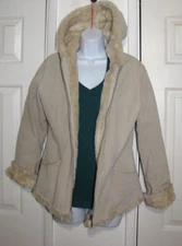 VTG Seventy Seven 77 Beige Suede Zip Jacket Hoodie Faux-Fur-Lining + Trim Wm.M