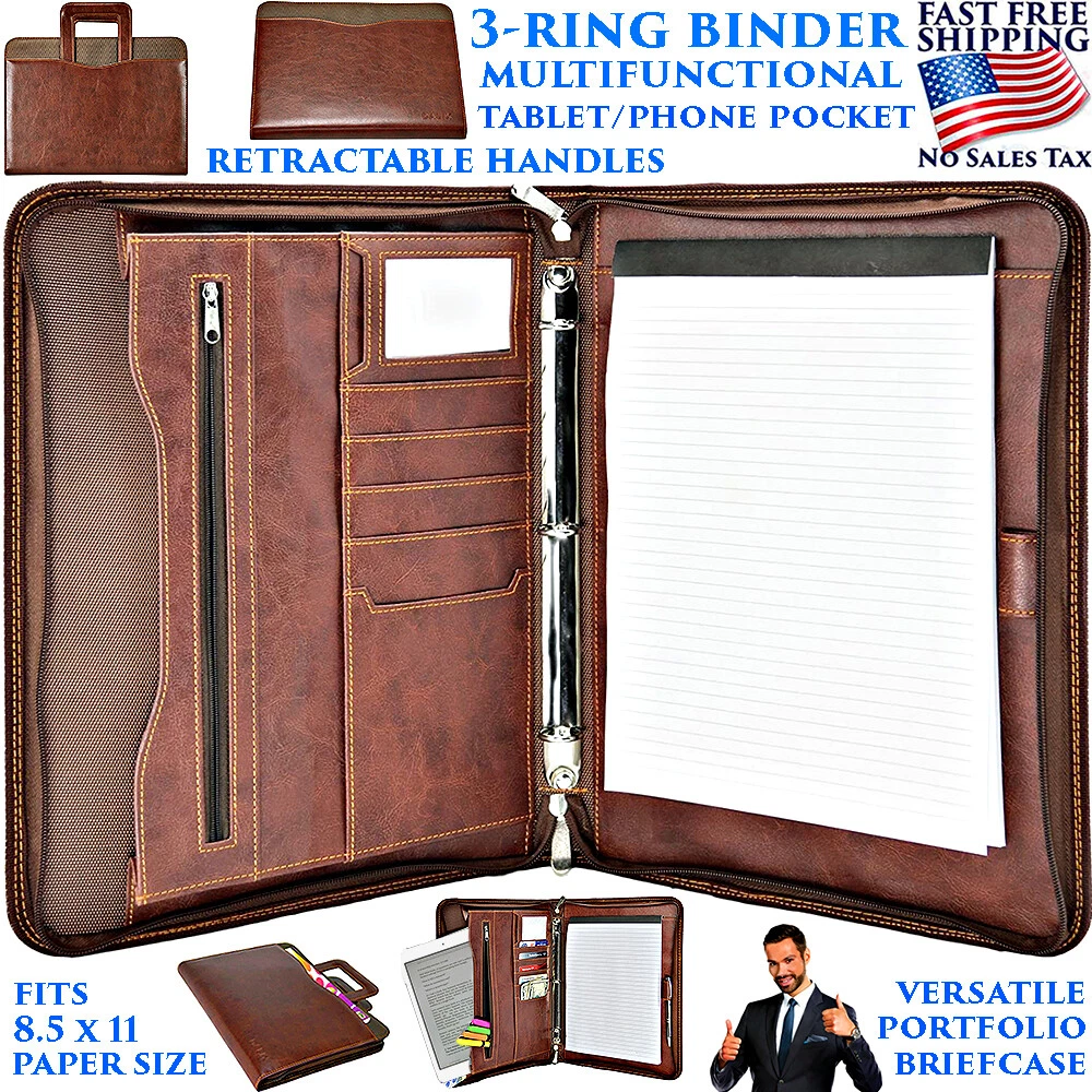 3 RING BINDER PORTFOLIO PADFOLIO ZIPPER TABLET POCKET ORGANIZER RETRACT  HANDLE