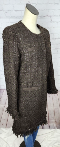 Vertigo Paris Tweed Boucle Jacket Coat Fringe Brown Silver Thread Quiet Luxury M - Picture 4 of 23