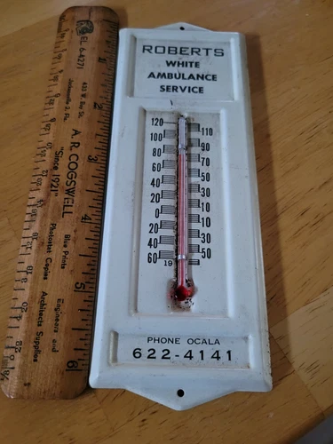 Vintage Roberts White Ambulance Service Thermometer Ocala Florida Gas Oil Sign