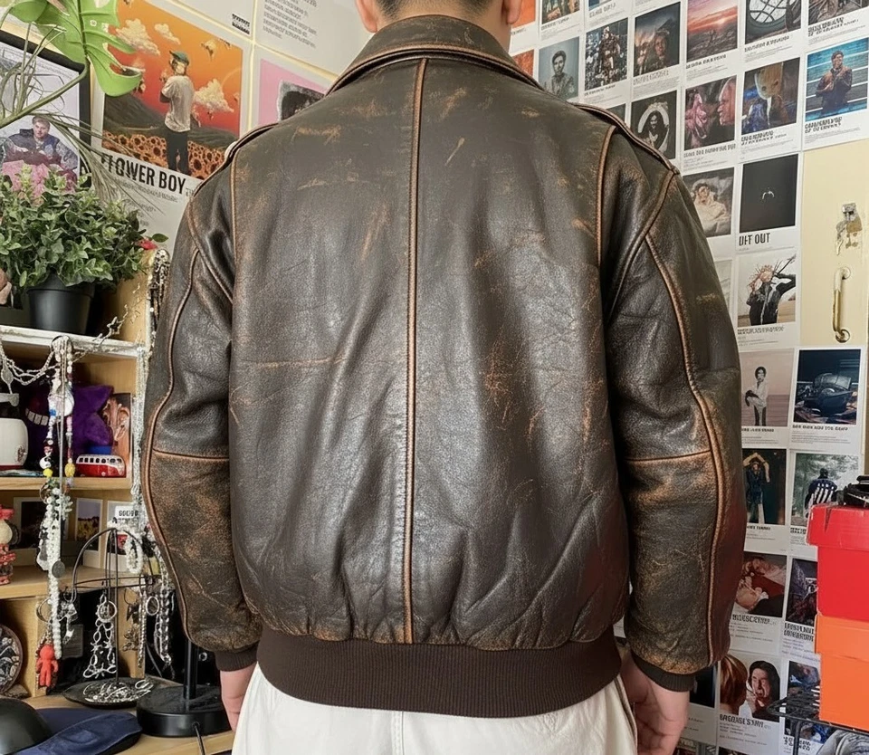 Мужская кожаная куртка пилота ВВС воловья кожа авиатор A-2 куртка-бомбер - Изображение 2 из 4
