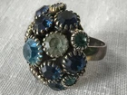 Vintage Ring Fashion Costume Jewelry Silver Tone Blue Aqua Rhinestone