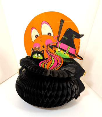 Vintage Beistle Halloween Die Cut Honeycomb Witch Stirring Pot Orange Moon