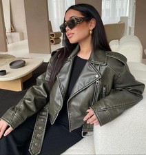 ZARA Molly Mae KHAKI CHARCOAL CROP OVERSIZED BELTED FAUX LEATHER PU BIKER JACKET