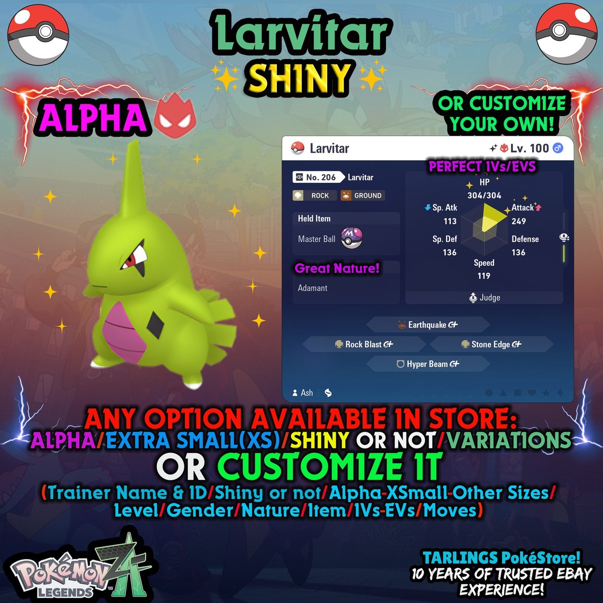 Pokémon Leggende ZA✨ - Larvitar Lucido LV41 6IV Adamant Maschio Con Bottiglia D'Oro (Trading)