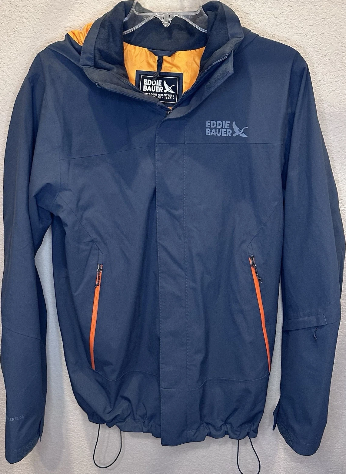 Eddie Bauer WeatherEdge Jacket Mens L Blue Hooded Waterproof Outdoor Coat