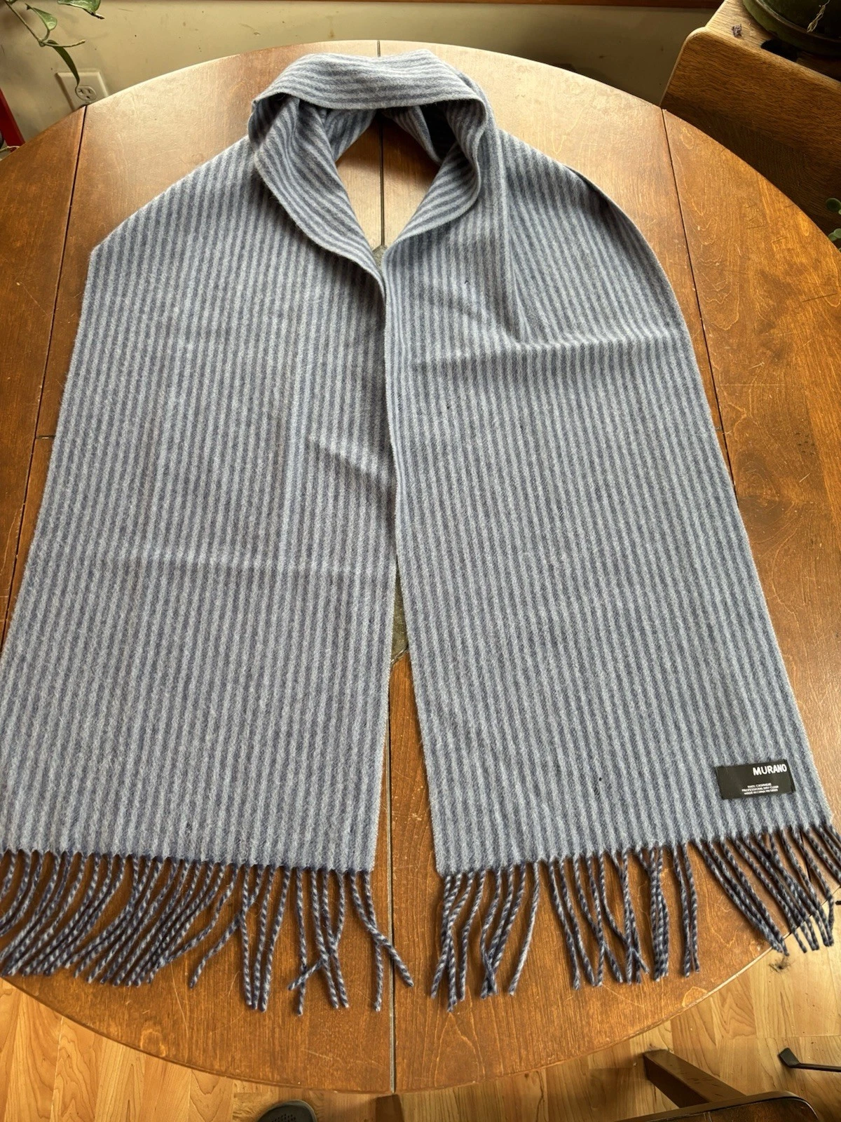 MURANO 100% Cashmere Fringed Scarf Muffler Blue Striped Scarf SOFT!