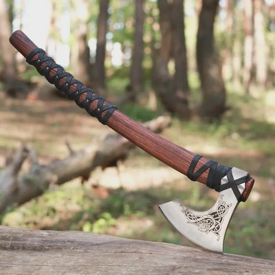 Viking Axe Hand-Forged Norse Hatchet Carbon Steel Blade Leather-Wrapped