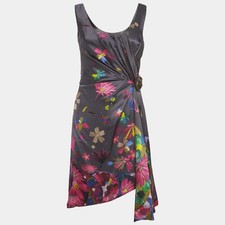 Versace Grey Floral Print Silk Draped Mini Dress S