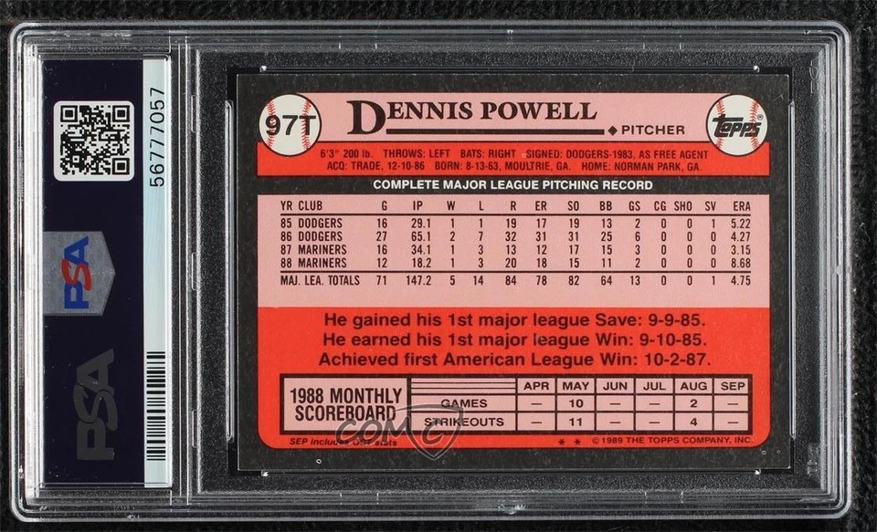 1989 Topps Traded Box Set Collector's Edition (Tiffany) Dennis Powell #97T PSA 8 - Image 2 of 2