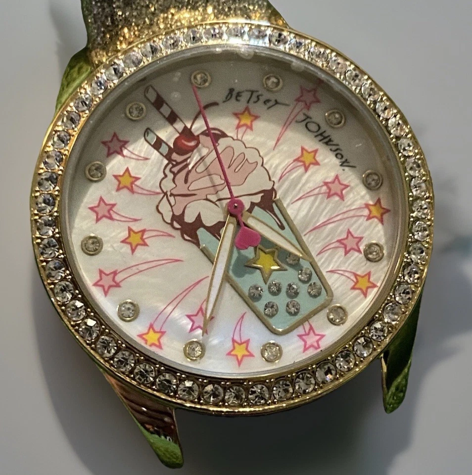 RARE BetseyJohnson Milkshake/Rhinestone Watch w/SilverGlitter Band Needs Battery - Image 2 of 4
