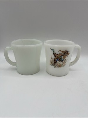Vintage Lot of 2 Fire King Diner Mugs - 1 Mallard Duck 1 Plain White Coffee Cup